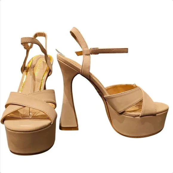 Beige Platform High Heels With Cross-Strap Design & Adjustable Ankle Strap All M - Picture 4 of 6